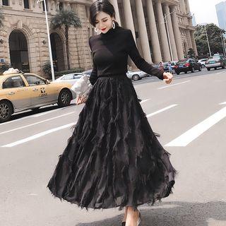 Long-sleeve Fringed Maxi A-line Knit Dress Black - One Size