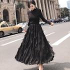 Long-sleeve Fringed Maxi A-line Knit Dress Black - One Size