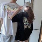 Butterfly Print Rhinestone Elbow-sleeve T-shirt