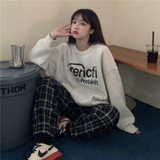 Long-sleeve Lettering Sweatshirt + Plaid Pants