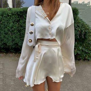 Lon-sleeve Button-up Top / Mini Skirt / Set