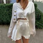 Lon-sleeve Button-up Top / Mini Skirt / Set