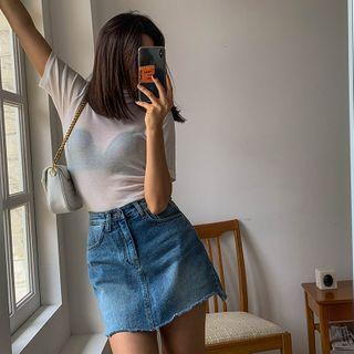 Fray-hem Washed Mini Denim Skort