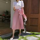 Notched-lapel Pleated-hem Color-block Dress Black - One Size