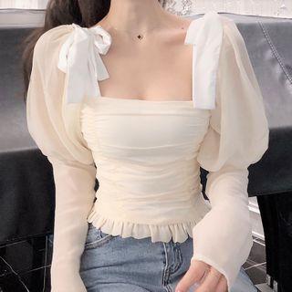 Long-sleeve Bow Square-neck Crop Top