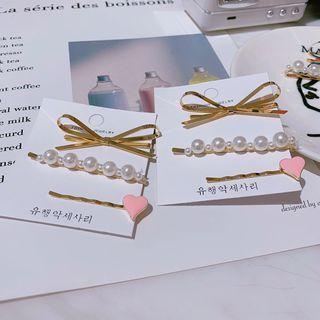 Set Of 3: Alloy Bow / Faux Pearl / Heart Hair Pin Set Of 3 - As Shown In Figure - One Size