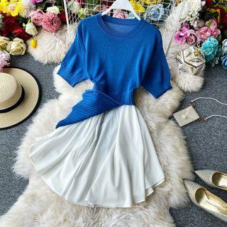 Knit Panel Short-sleeve Chiffon Dress