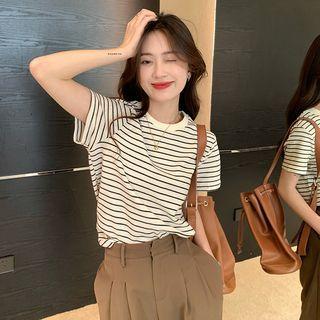 Short-sleeve Round-neck Striped T-shirt Almond - One Size