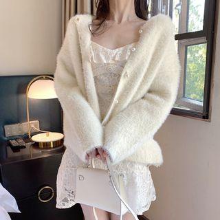 Furry Cardigan / Long-sleeve Lace Dress