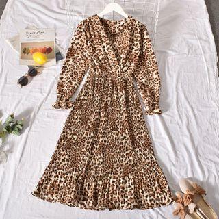 Leopard Print Long-sleeve Midi A-line Dress Khaki - One Size