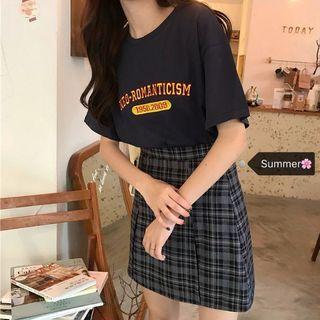 Set: Short-sleeve Lettering T-shirt + Plaid Mini A-line Skirt