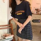 Set: Short-sleeve Lettering T-shirt + Plaid Mini A-line Skirt