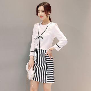 Set : Bow Chiffon Blouse + Pinstripe A-line Skirt