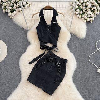 Set: Halter Crop Top + Belted Denim Skirt