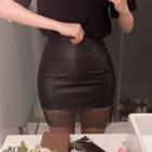 Mesh-hem Faux-leather Mini Skirt