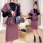 Set: Knit Top + Gingham Vest + Midi A-line Skirt