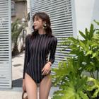 Set: Long-sleeve Striped Strappy Tankini Top + Bottom
