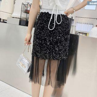 Mesh Panel Sequined Midi Straight-fit Skirt