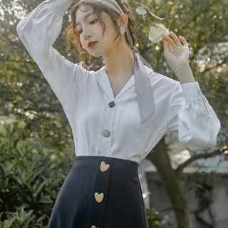 V-neck Blouse / Buttoned Midi A-line Skirt / Set
