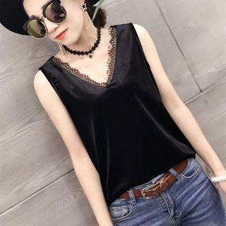 V-neck Lace-trim Velvet Tank Top