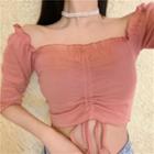 Off-shoulder Drawstring Shirred T-shirt