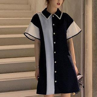 Short-sleeve Color Block Mini Shirtdress
