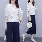 Set: Elbow-sleeve Dotted Blouse + Wide-leg Pants