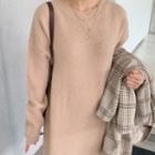 V-neck Drop-shoulder Knit Dress Beige - One Size