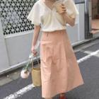 Plain V-neck Short Sleeve Blouse / Midi Skirt