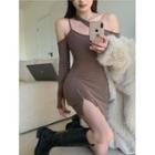 Sleeveless One-shoulder Plain Slim-fit Mini Dress