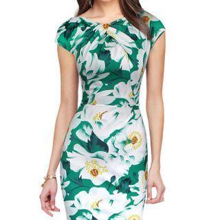 Cap-sleeve Plain Midi Sheath Dress