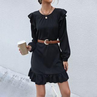 Plain Long Sleeve Ruffle Trim Dress