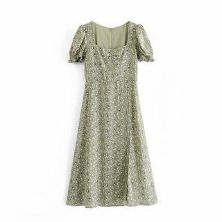 Short Sleeve Square-neck Floral Print Midi Dress