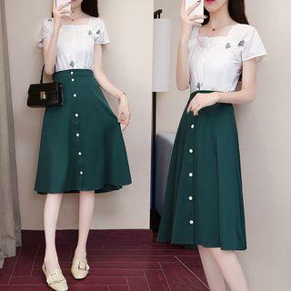 Set: Cactus Embroidered Short-sleeve Blouse + High-waist A-line Skirt