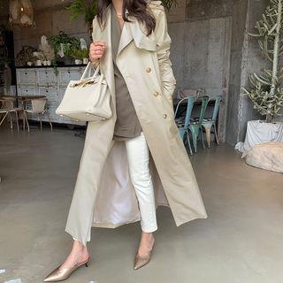 Metallic-button Maxi Trench Coat Light Beige - One Size