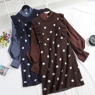 Set: Balloon-sleeve Shirt + Sleeveless Polka Dot Knit Dress