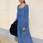 Long-sleeve Patterned Buttoned Midi Dress Blue - One Size