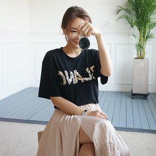 Sequined-lettering Round-neck T-shirt