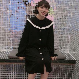 Contrast Trim Collared Shirtdress Black - One Size