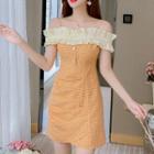 Short-sleeve Cold Shoulder Frill Trim Plaid Mini Sheath Dress