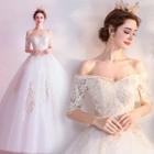 Off-shoulder Elbow-sleeve Mesh Wedding Ball Gown