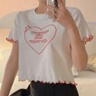 Short-sleeve Ruffle Trim Heart Print T-shirt