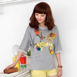 Elbow-sleeve Pompom-accent Printed Top