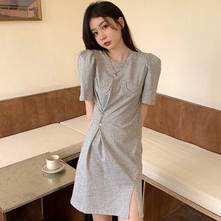 Puff-sleeve Plain Button-up Side-slit Mini Dress
