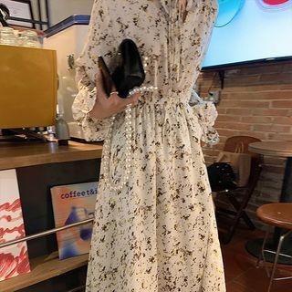 Flared-cuff Floral Print Midi Dress