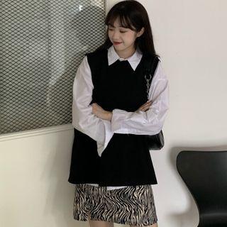 Shirt / Knit Vest / Zebra Print A-line Skirt