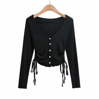 Long-sleeve Drawstring Button-up Crop Top