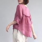 Elbow-sleeve Ruffled Blouse Rose Pink - One Size