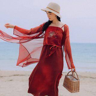 Set: Long-sleeve Chiffon Light Jacket + Embroidered Spaghetti-strap Dress