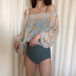 Plain Swimsuit / Long-sleeve Patterned Chiffon Cover-up Top